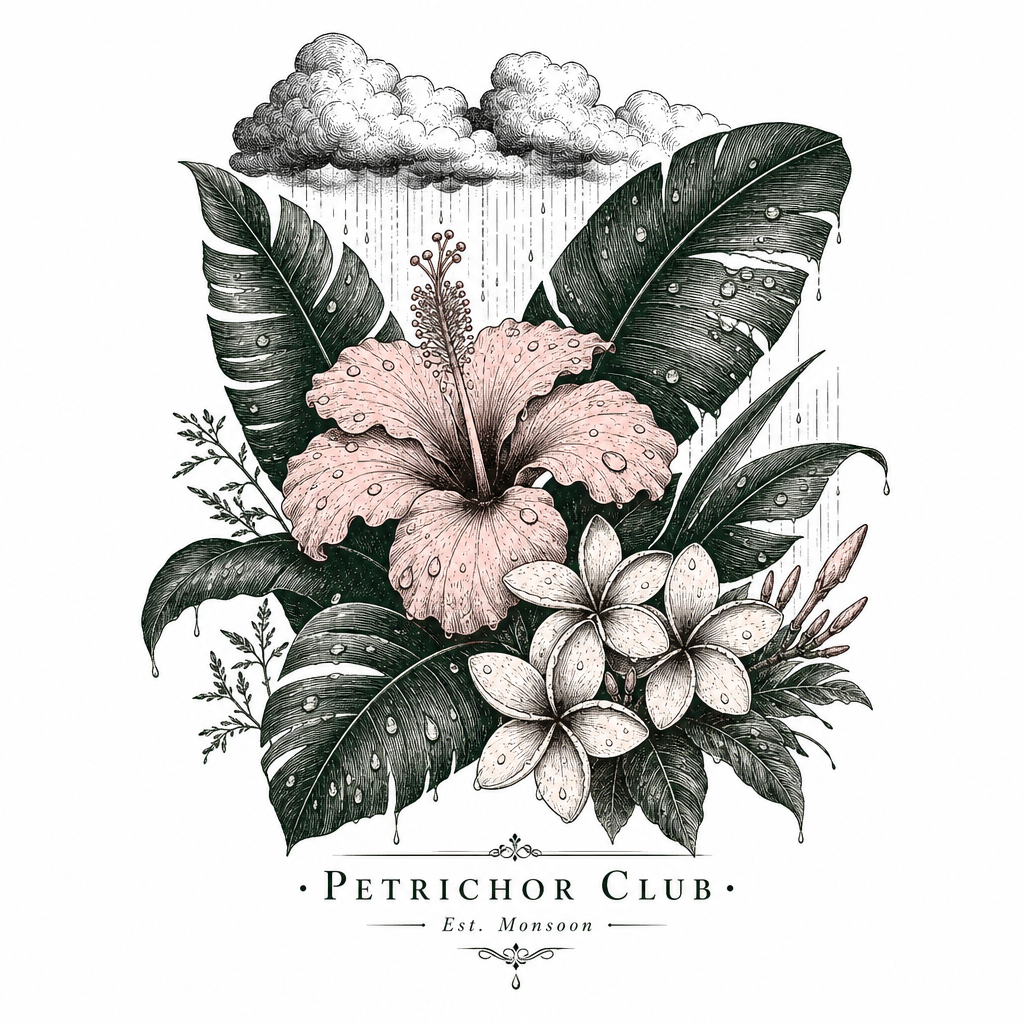Dark academia monsoon botanical herbarium illustration Petrichor Club tee