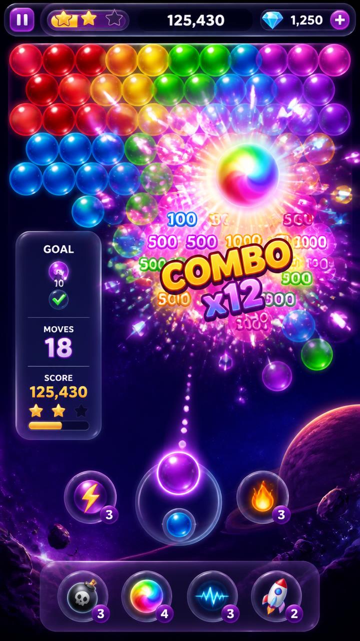 Bubble Shooter combo explosion with rainbow power-up and score popups