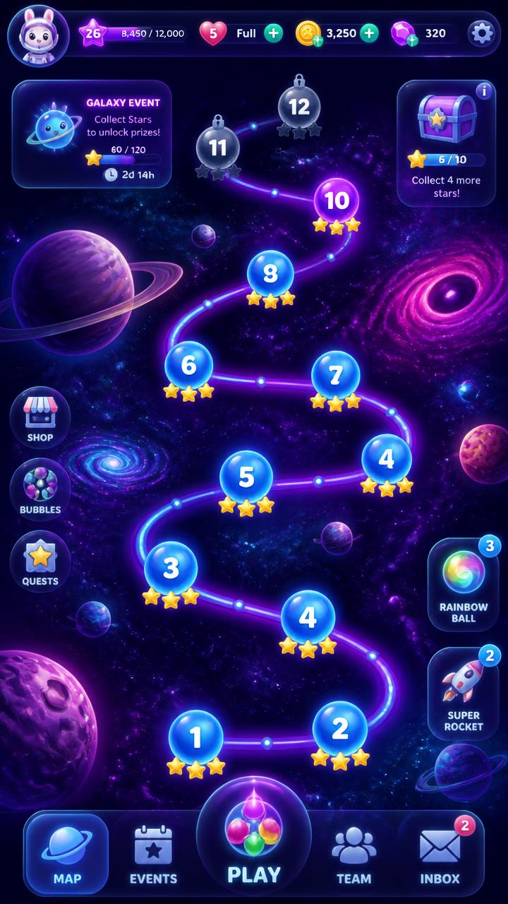 Bubble Shooter galaxy world map with level nodes and earned stars