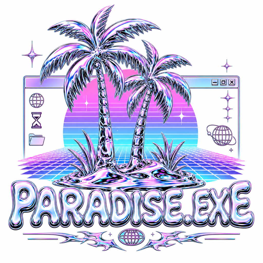 Chrome palm trees with holographic vaporwave grid Y2K tropical oversized tee