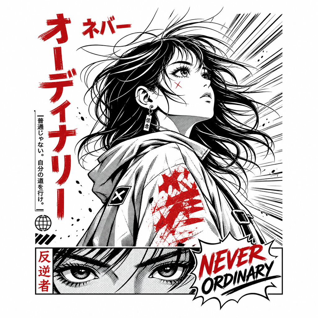 Manga anime heroine red and black ink monochrome oversized tee Never Ordinary print