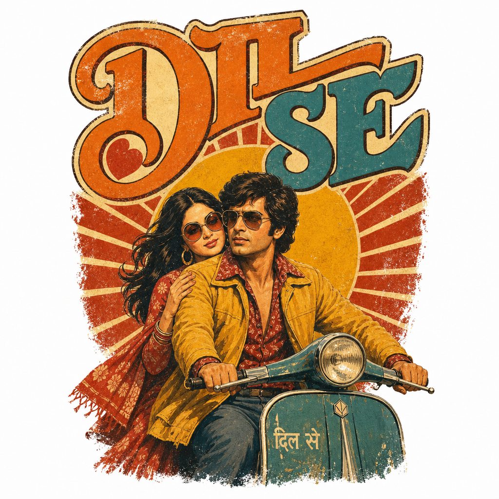 Retro Bollywood 70s scooter couple Dil Se matching couple tees pop illustration